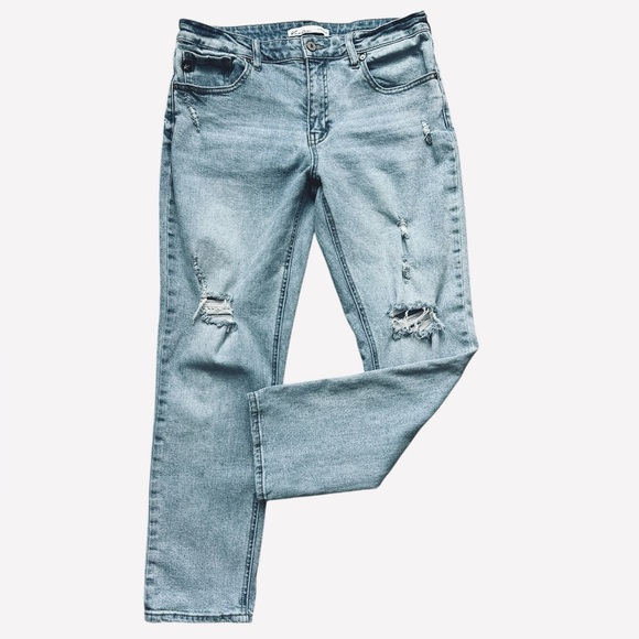 KanCan Denim - KANCAN faded blue cotton blend distressed straight leg stretch jeans size 28
